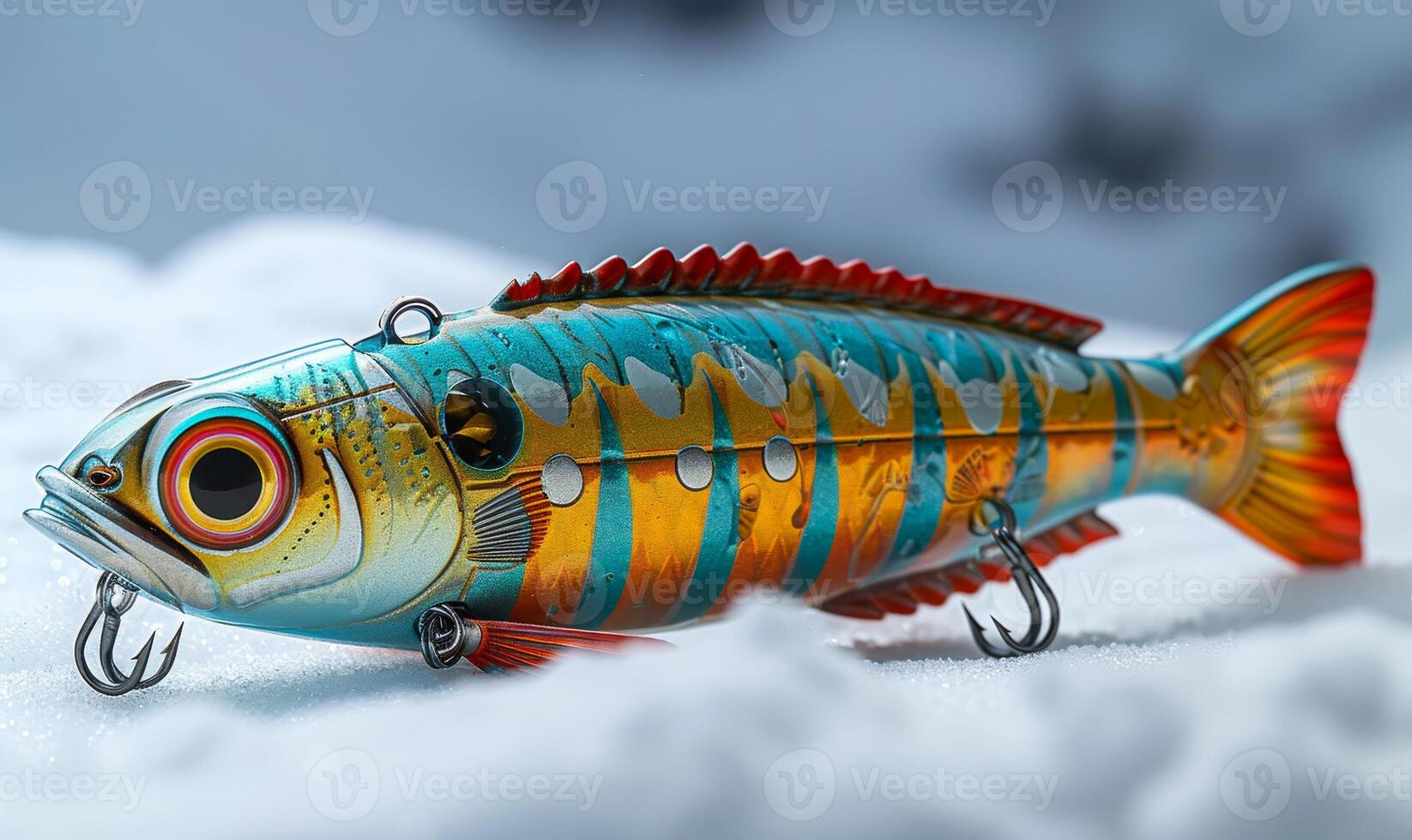 Fishing lure caught on the ice. The new lures are available in variety of colors and patterns. photo
