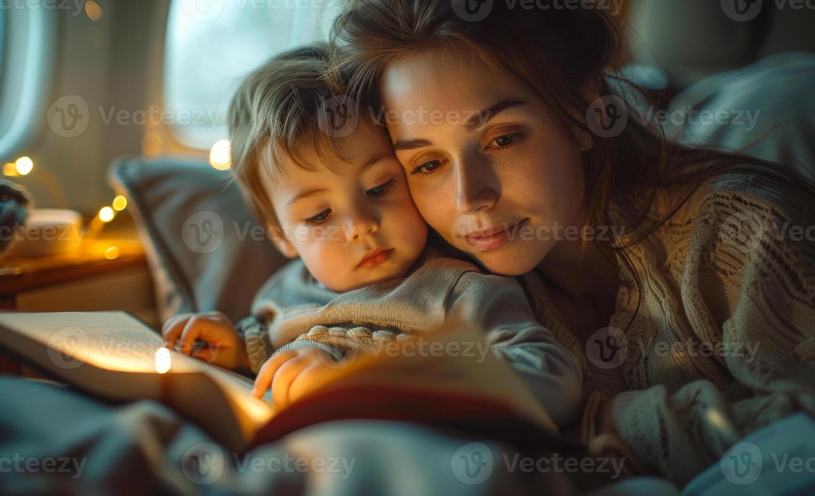 Mother and child reading book in bed before going to sleep photo
