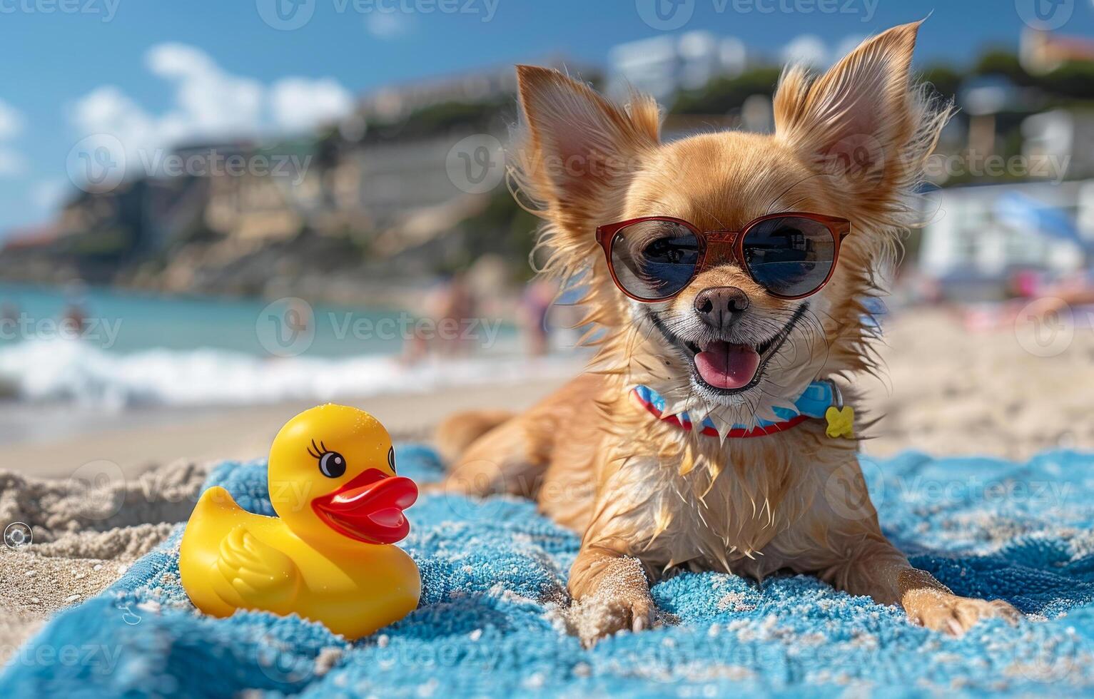 Chihuahua dog wearing sunglasses and rubber duck on the beach photo