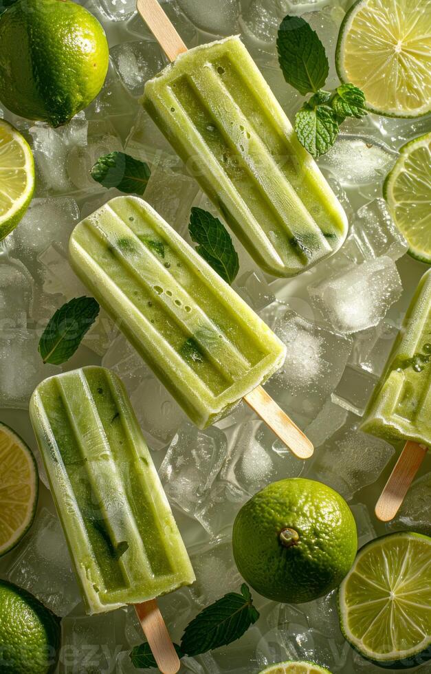 Green lime popsicles on bed of ice. A top down photo of multiple popsicles on an ice filled tray