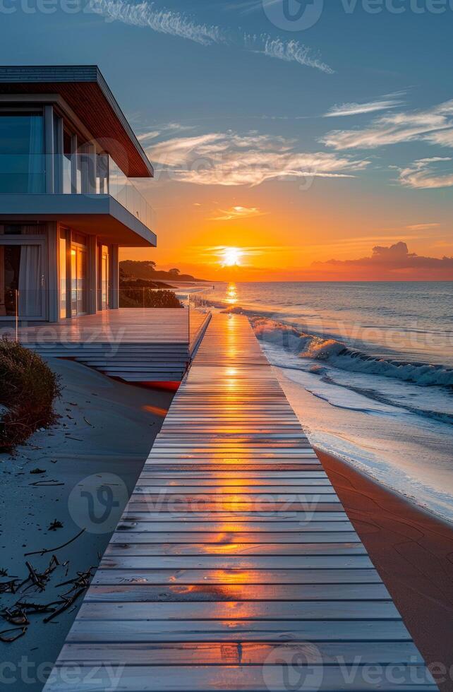 Wooden boardwalk leads to modern beach house at sunset. photo