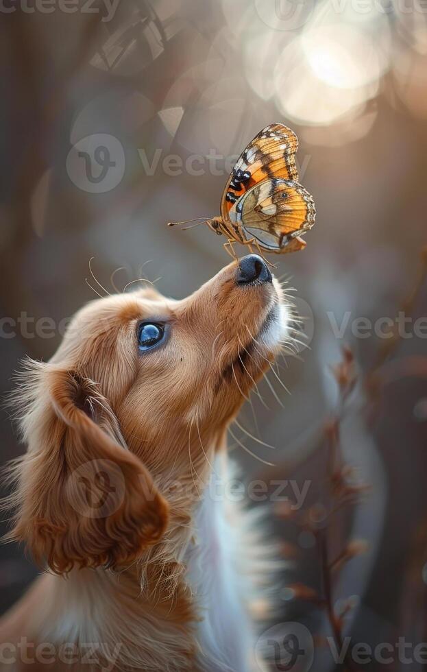 The dog and the butterfly. The butterfly sits on the dog's nose photo