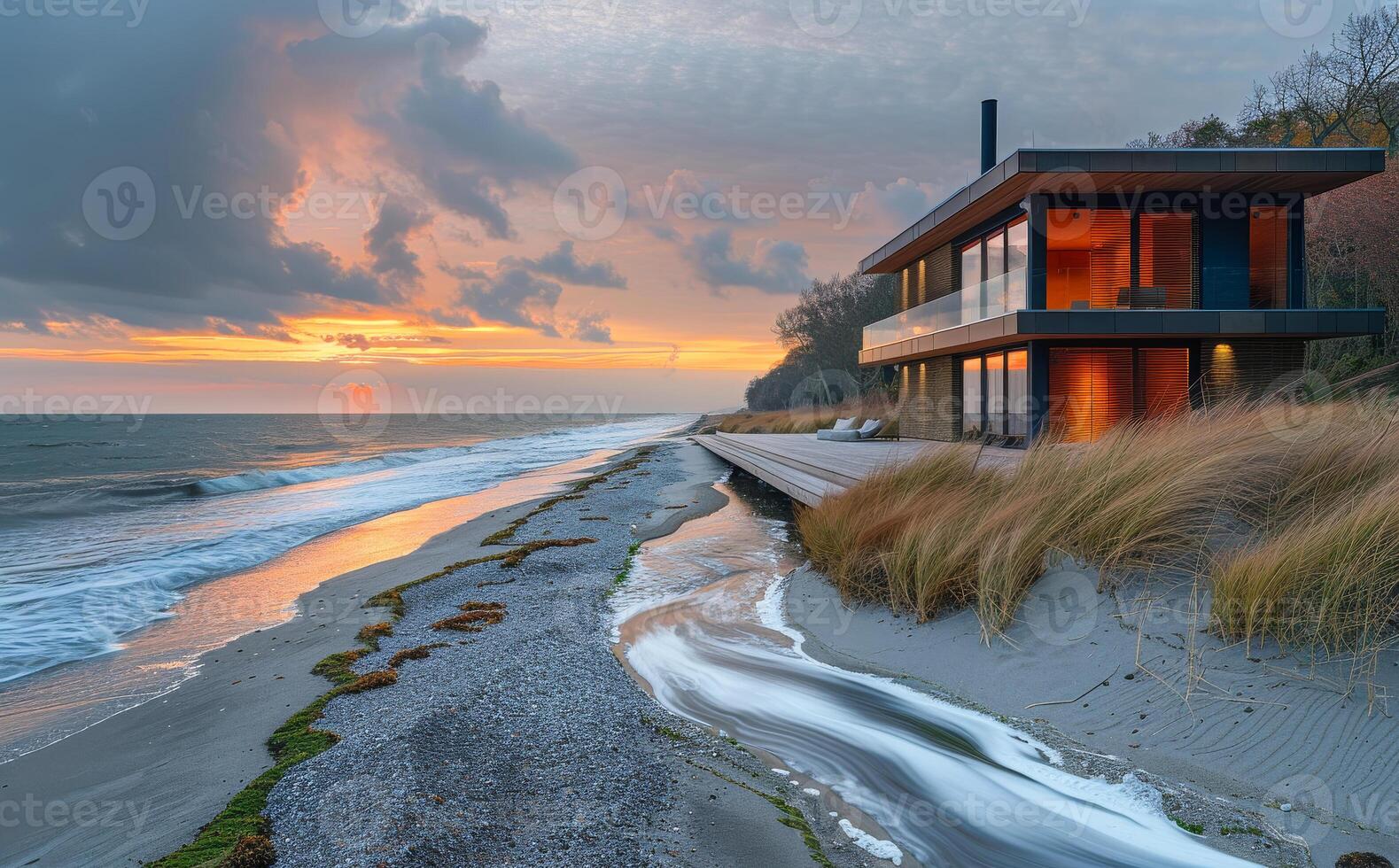Modern house on the beach at sunset. photo