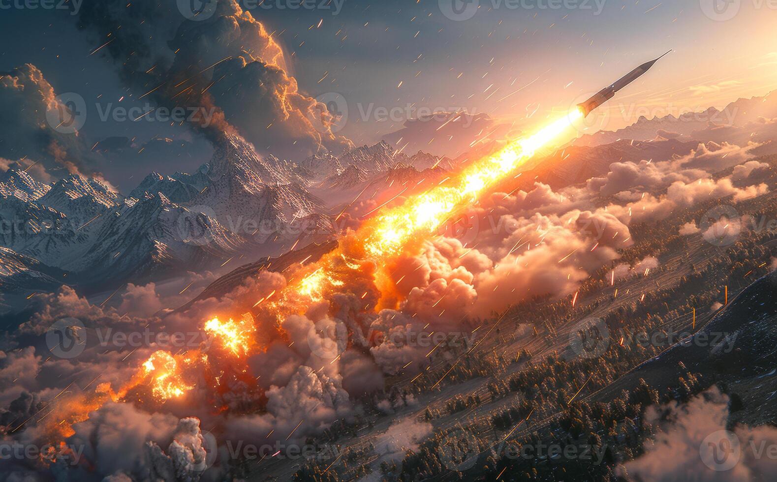 Meteor flies through the clouds. High-stakes moment as a salvo of rockets bursts from launchers photo