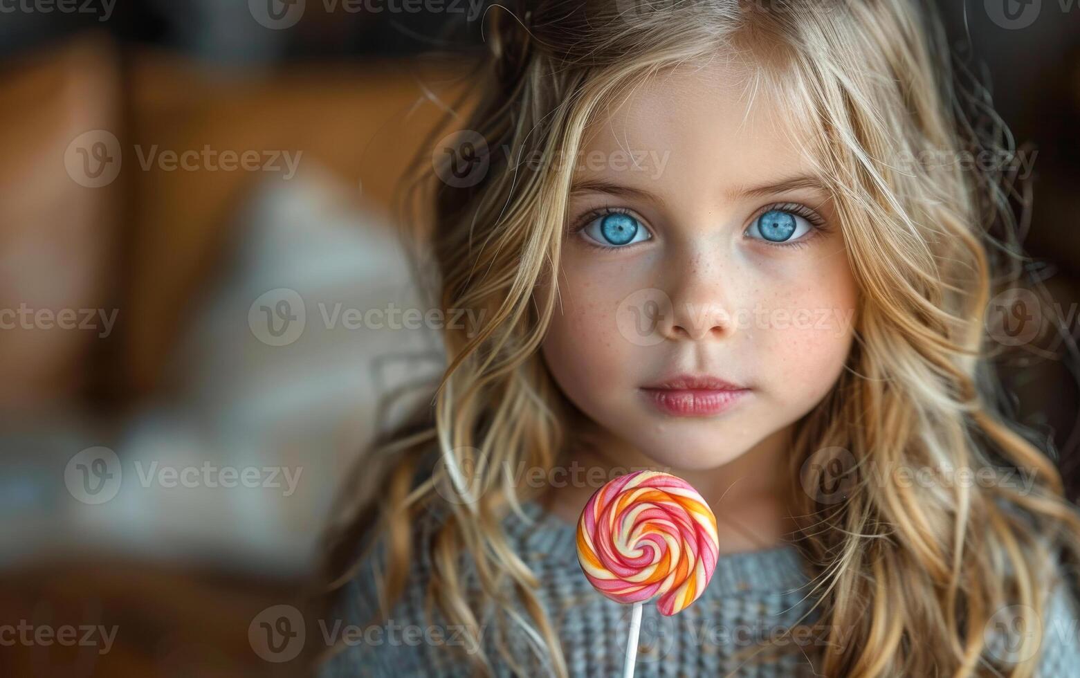 Little girl with blue eyes holds lollipop in her hands. photo