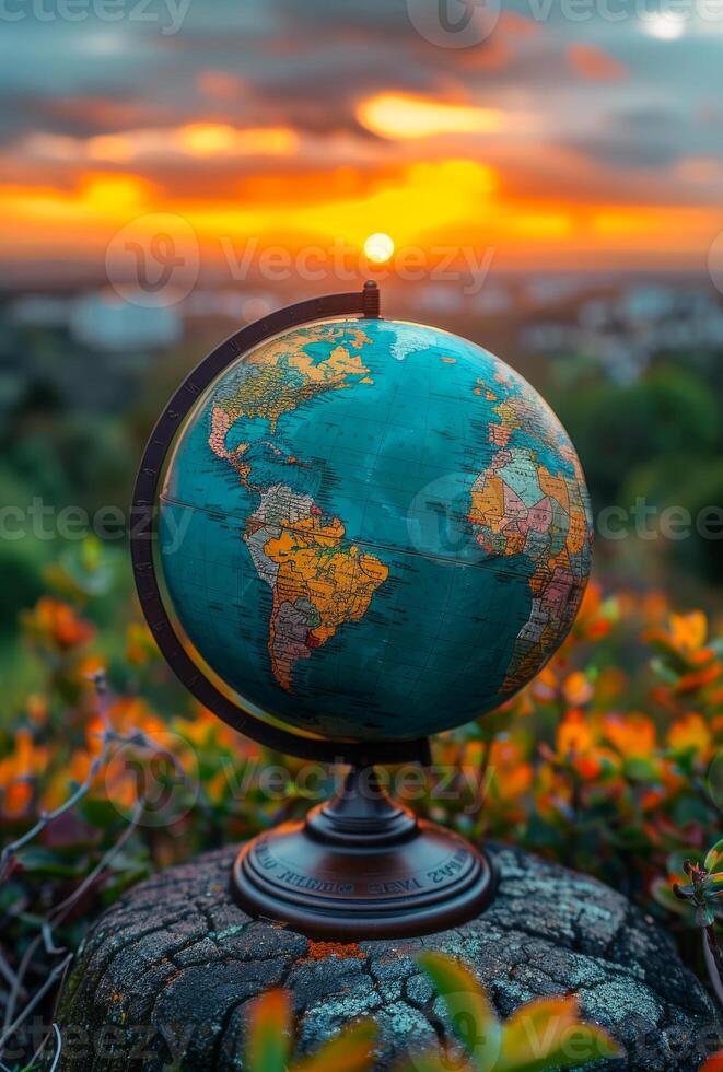 Globe of the world on stone and colorful sunset on background photo