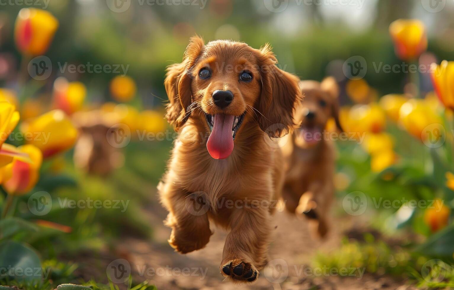 Two dachshund puppies run through tulip field photo