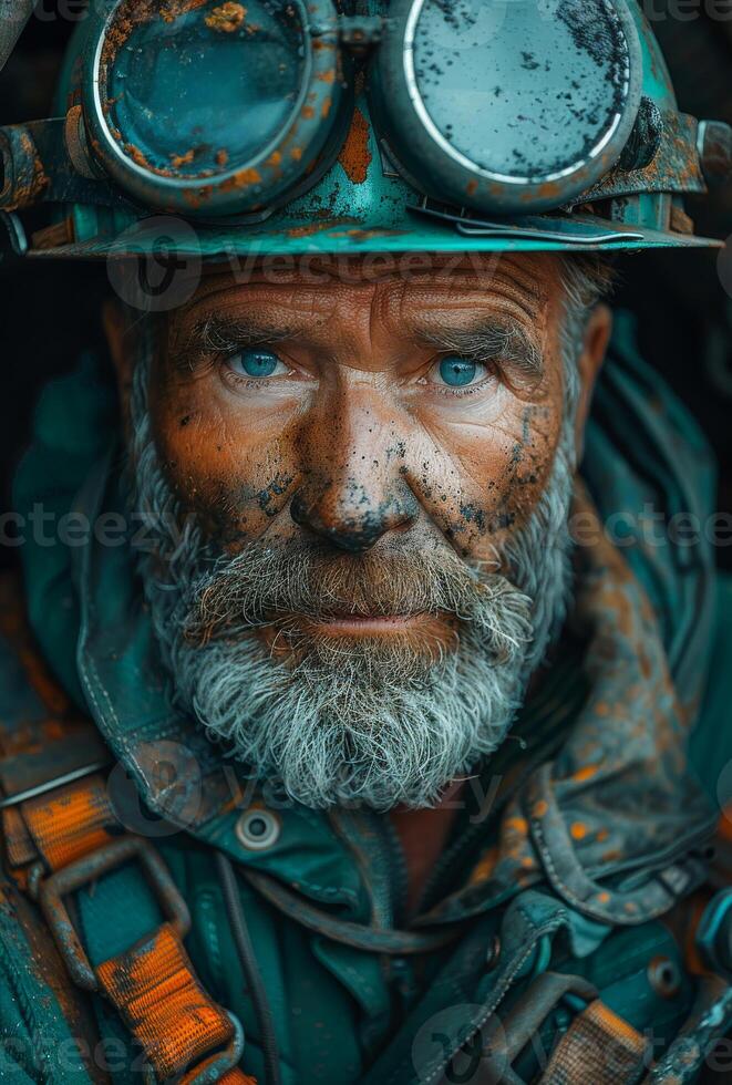 Coal miner with dirty face. A photo of an old coal miner with a dirty face