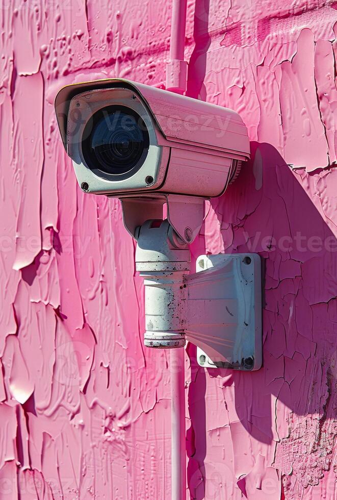 Two security cameras are mounted on pink wall photo
