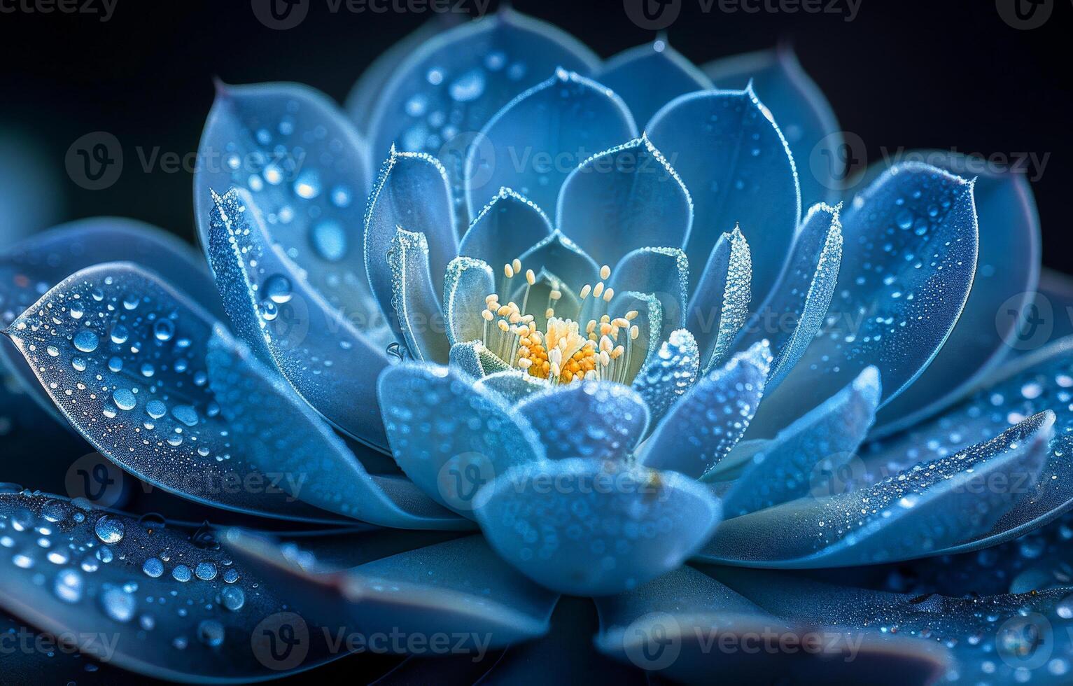 Close up of blue succulent flower with water drops photo