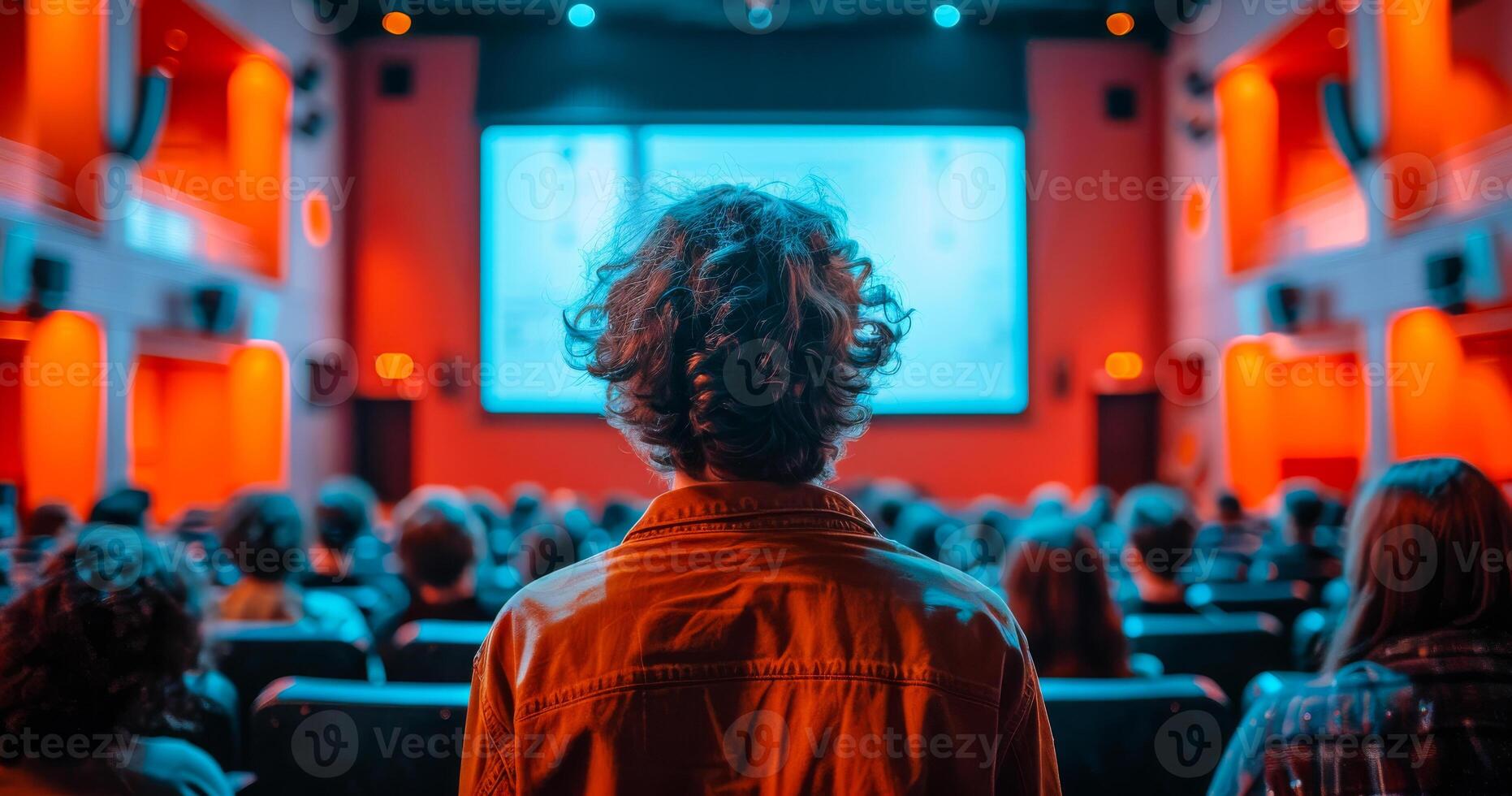 People in the cinema auditorium watch movie or show in the dark entertainment and cinema concept photo