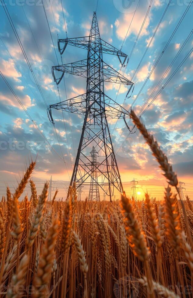 Wheat field and power line in the sunset photo