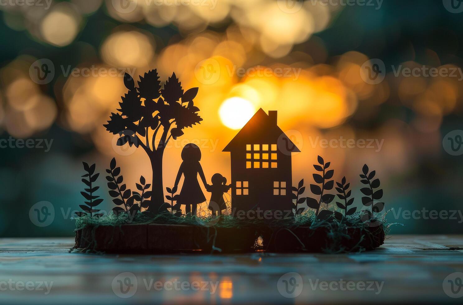 Paper art of happy family standing outside their house photo