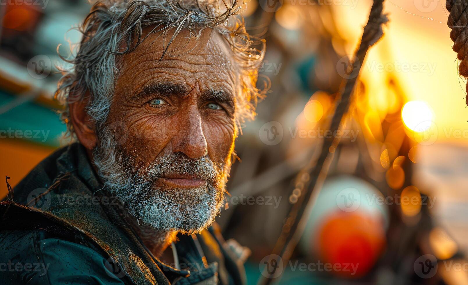 Portrait of old fisherman with gray beard and moustache looking at the camera at sunset photo