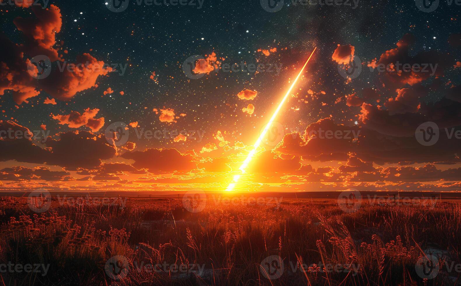 Bright comet flies through the starry sky. A missile launch at night photo