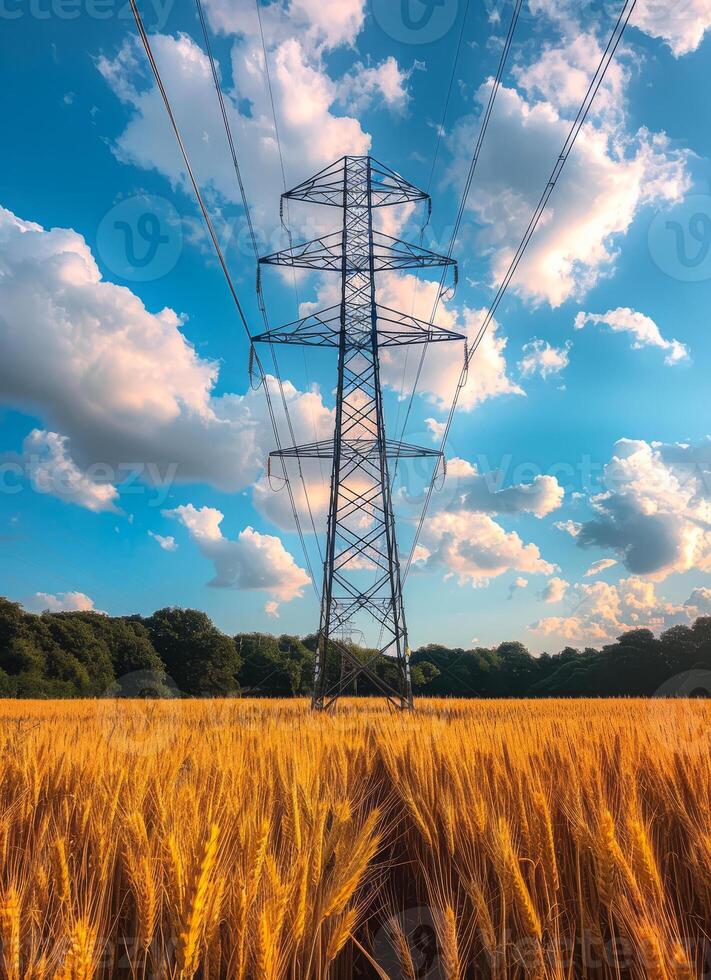 High voltage power lines and wheat field photo