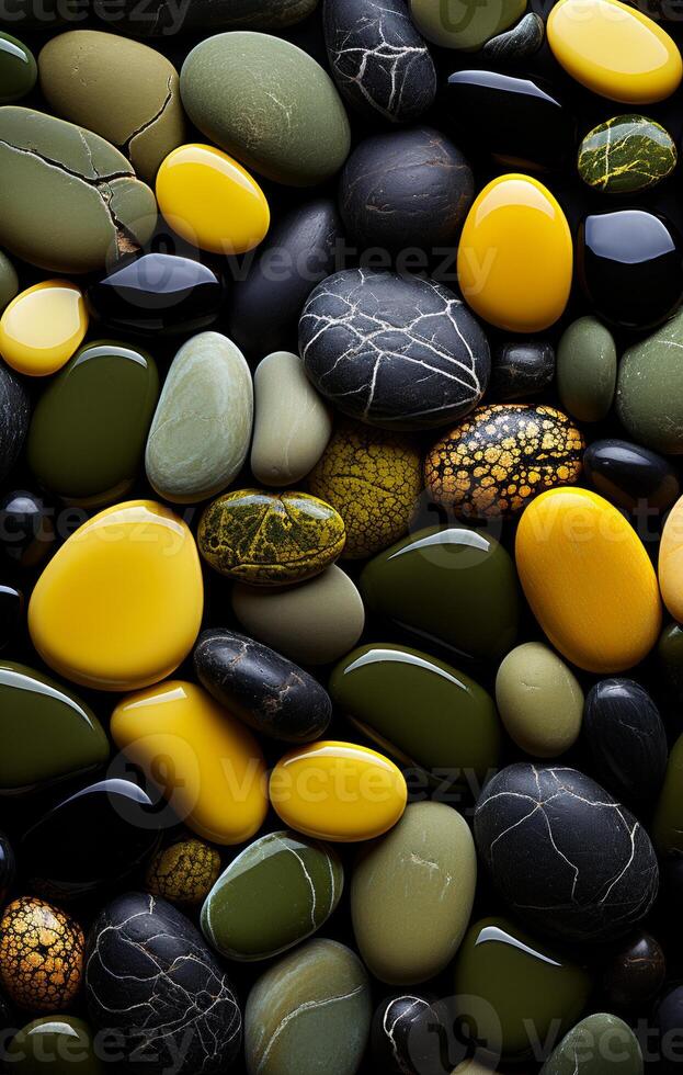 Variety of colorful pebbles. Pile of colorful patterned and textured pebbles photo
