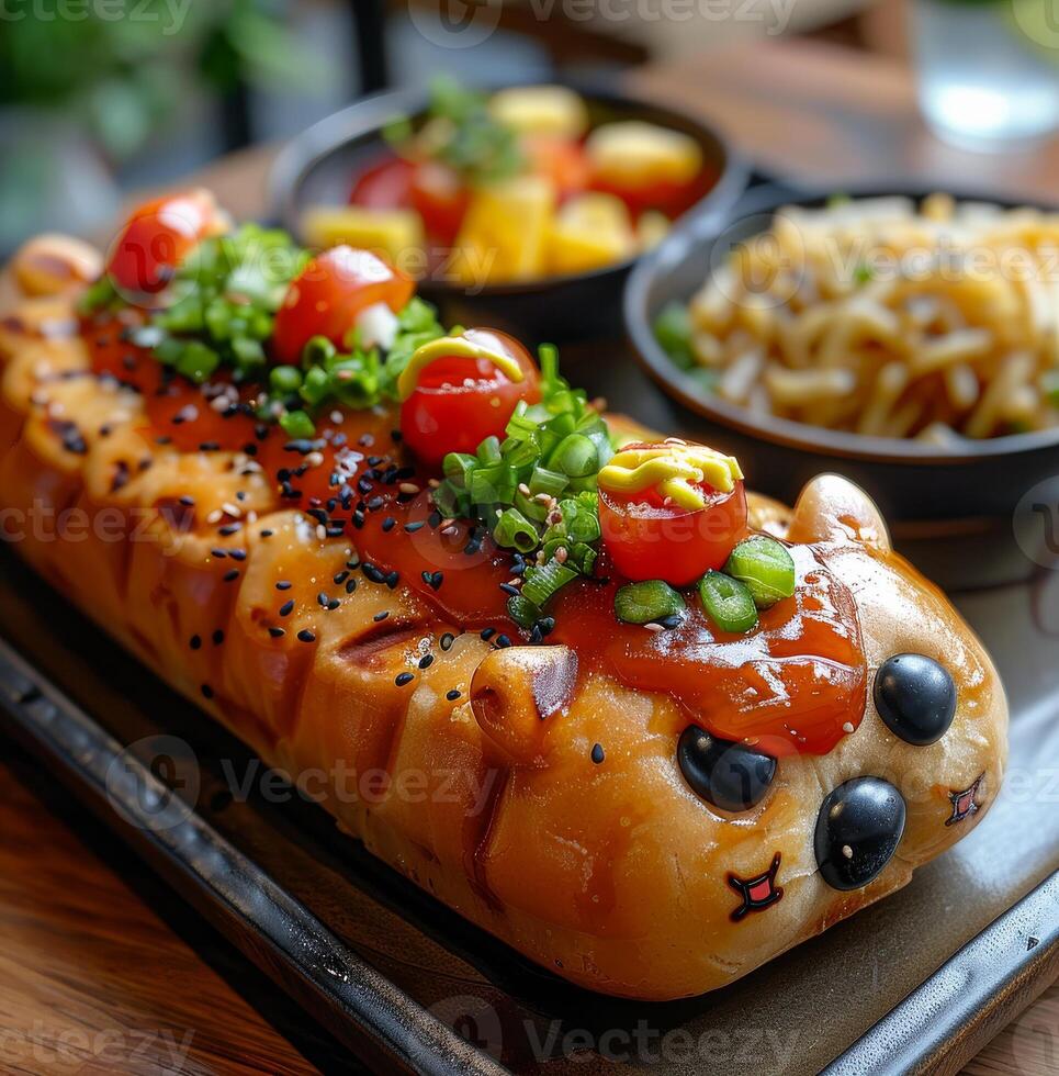 Hot dog with eyes and nose is decorated with tomatoes and green onions photo