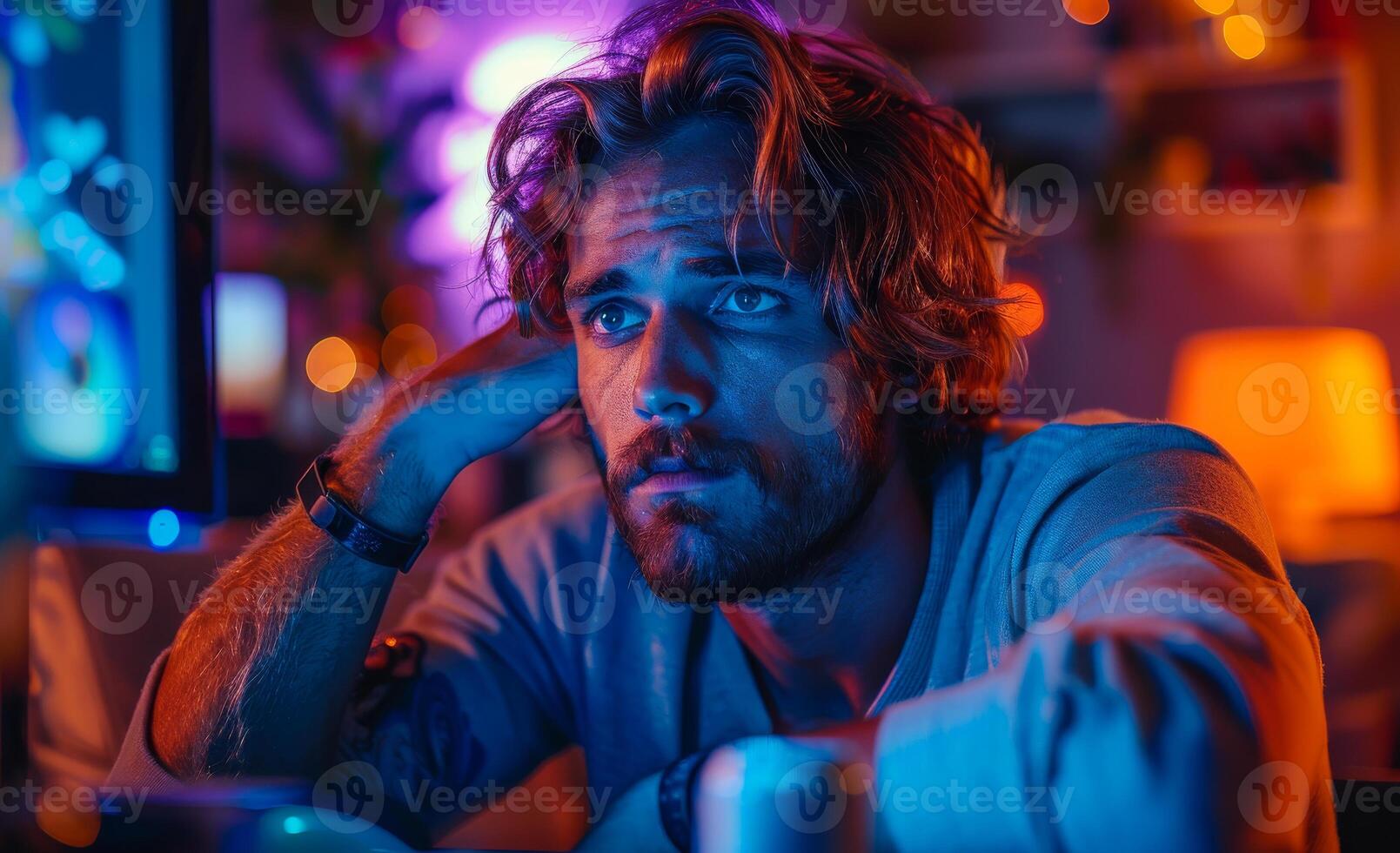 Young man sitting in dark room with his head resting on his hand and looking at computer screen photo
