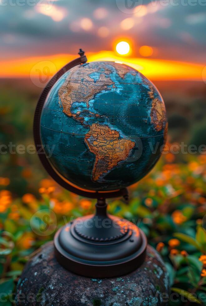 Globe of the world on stone and flowers on sunset background photo