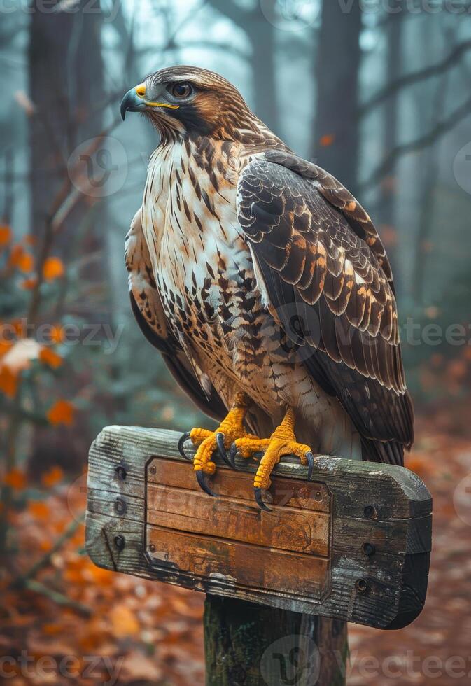 Hawk sitting on wooden sign in the forest photo