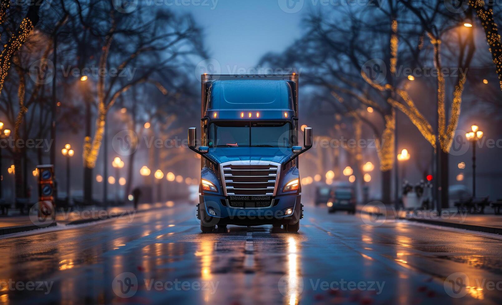 The truck rides on winter road. Freight transportation photo