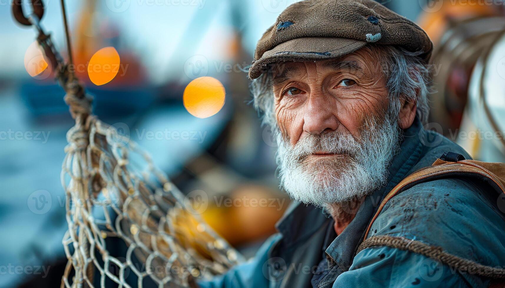 Portrait of old fisherman sitting on the boat and looking at the camera photo