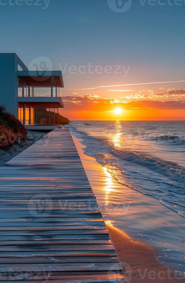 Wooden walkway to the beach at sunset photo