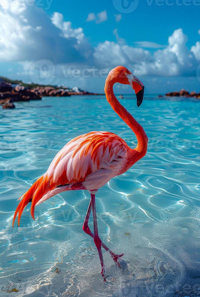Flamingo walking in the water. A full body photograph of an pink flamingo photo