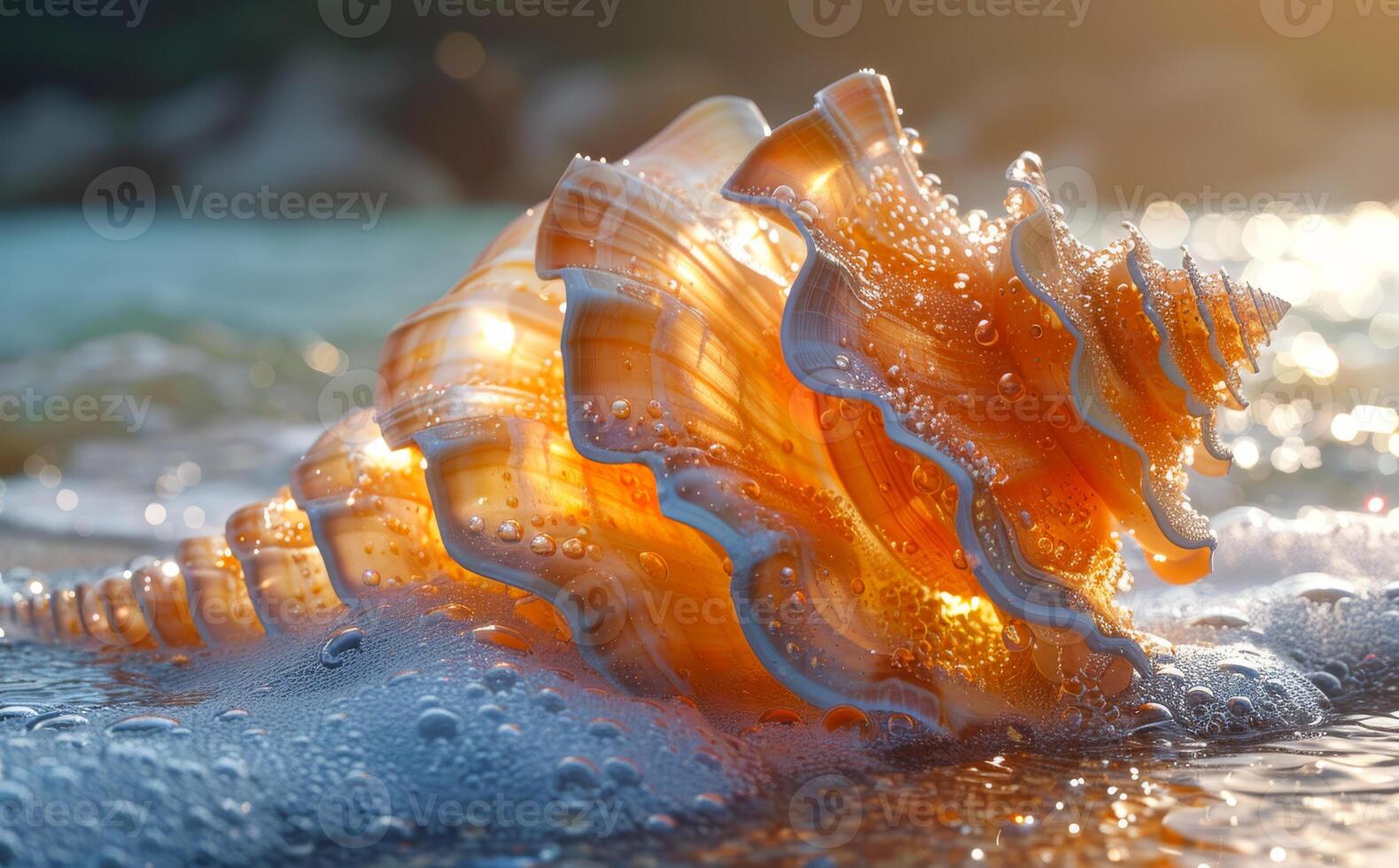 Beautiful sea shell lies on the beach in the rays of the setting sun photo