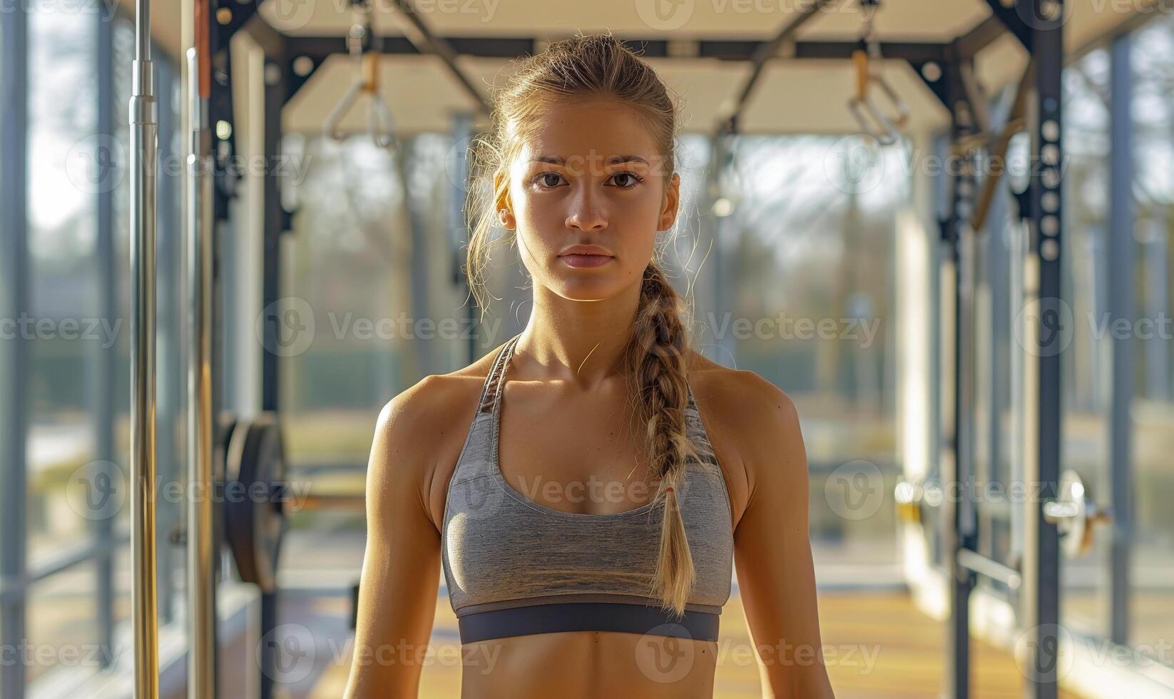 Woman stands in gym looking at the camera. photo