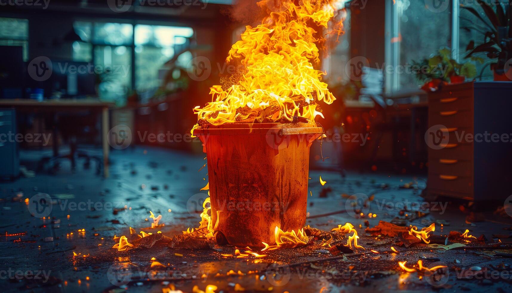 Burning trash can in abandoned office. Flaming rococo trash bin in an office photo