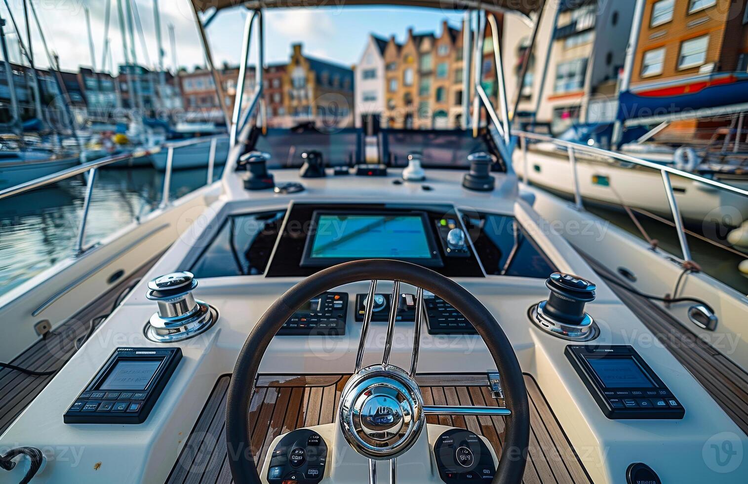 Steering wheel and dashboard on luxury yacht photo