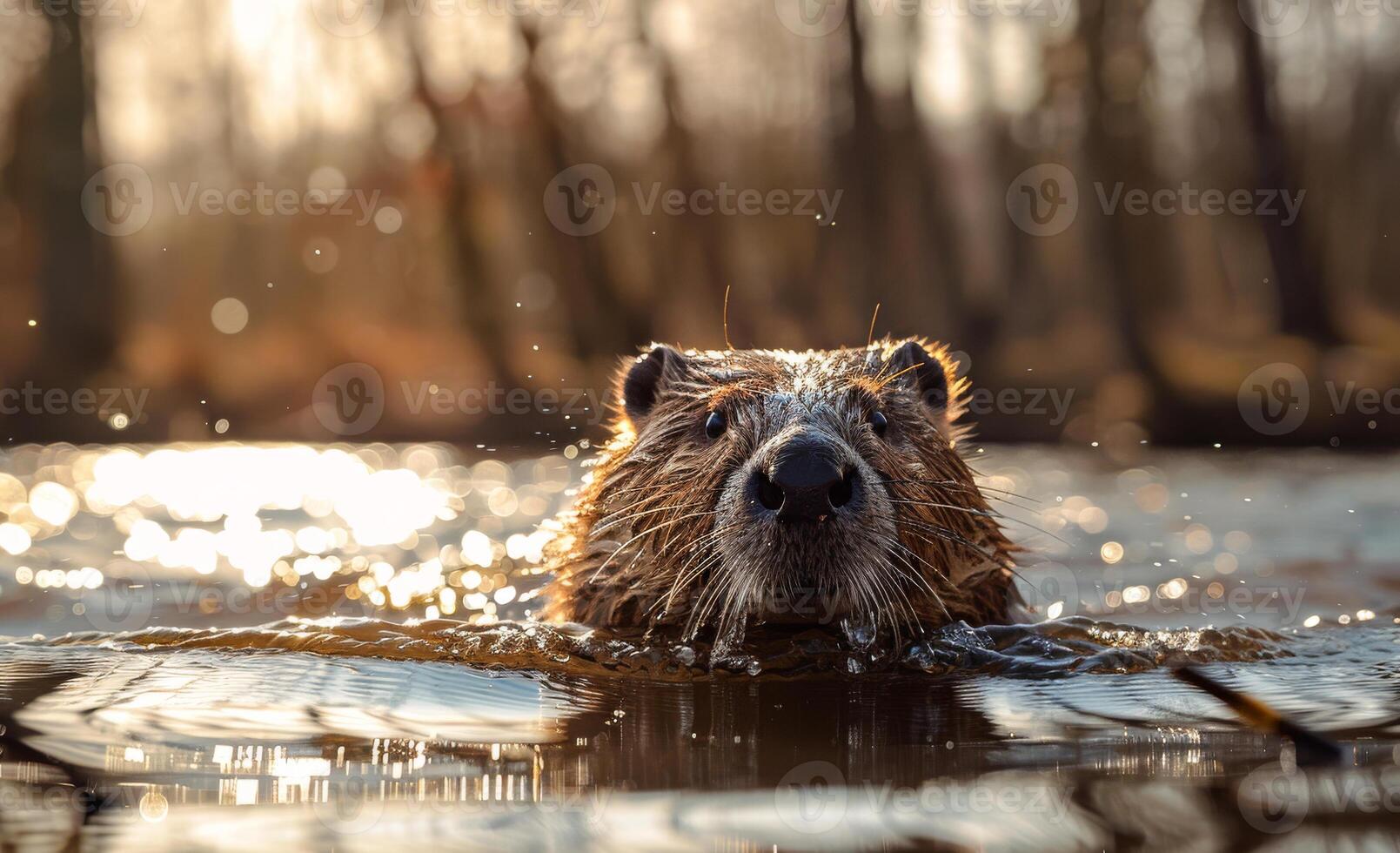 Beaver swimming in river at sunset. Beavers in the wild photo