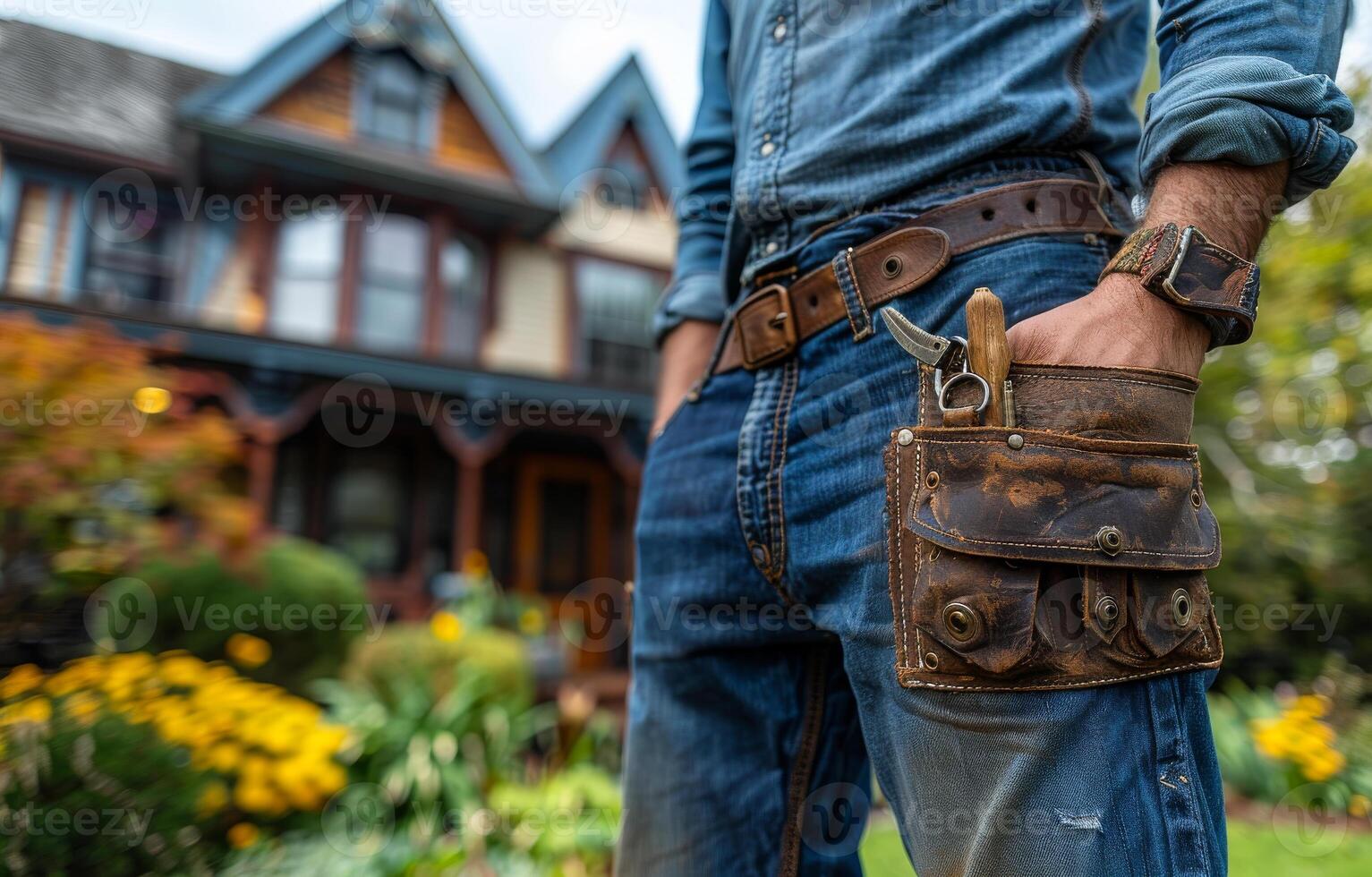 Man stands in front of house with tool belt and hammer in his hand. photo