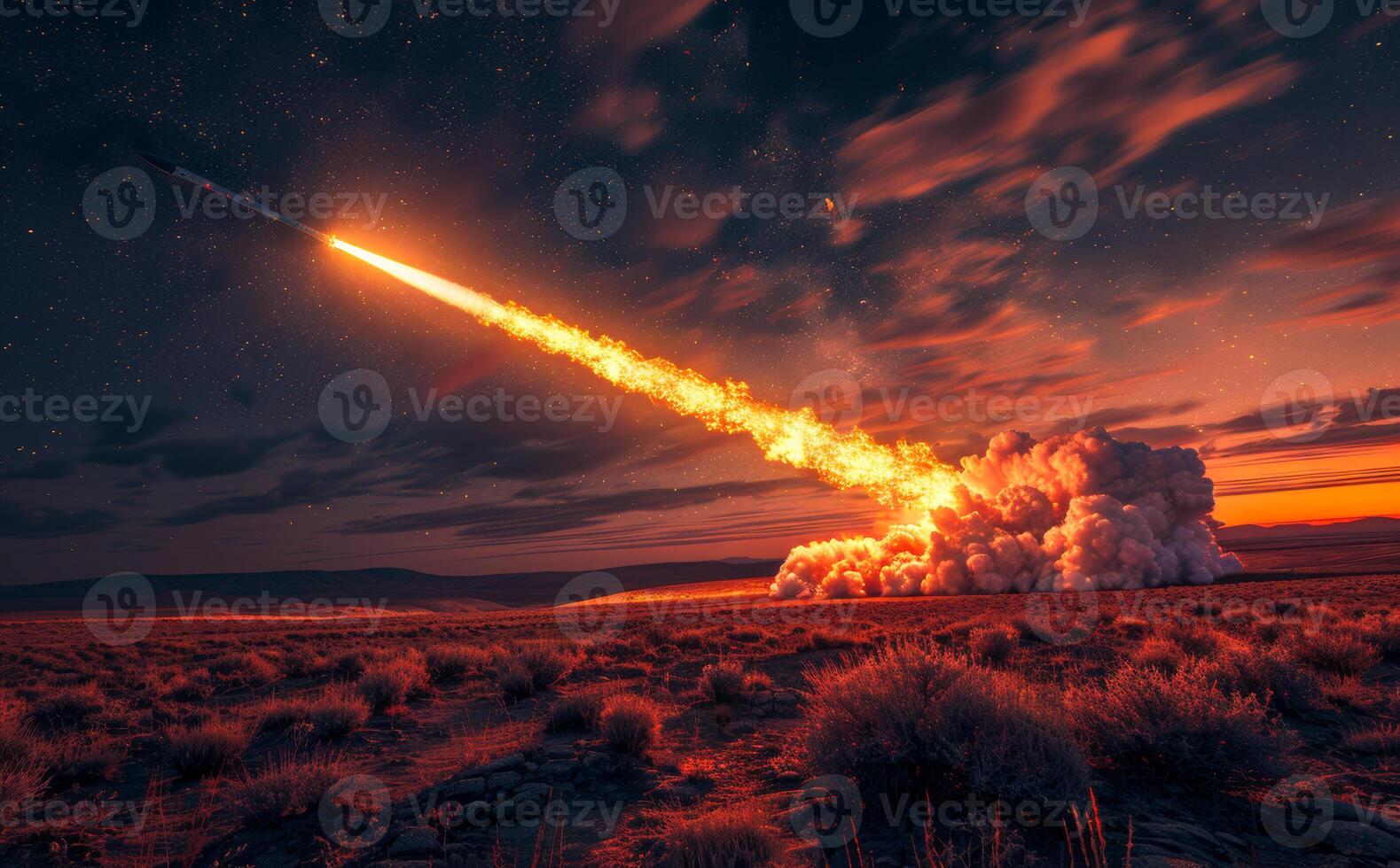 Large meteorite falls to the ground. A vivid depiction of a missile launch at night photo