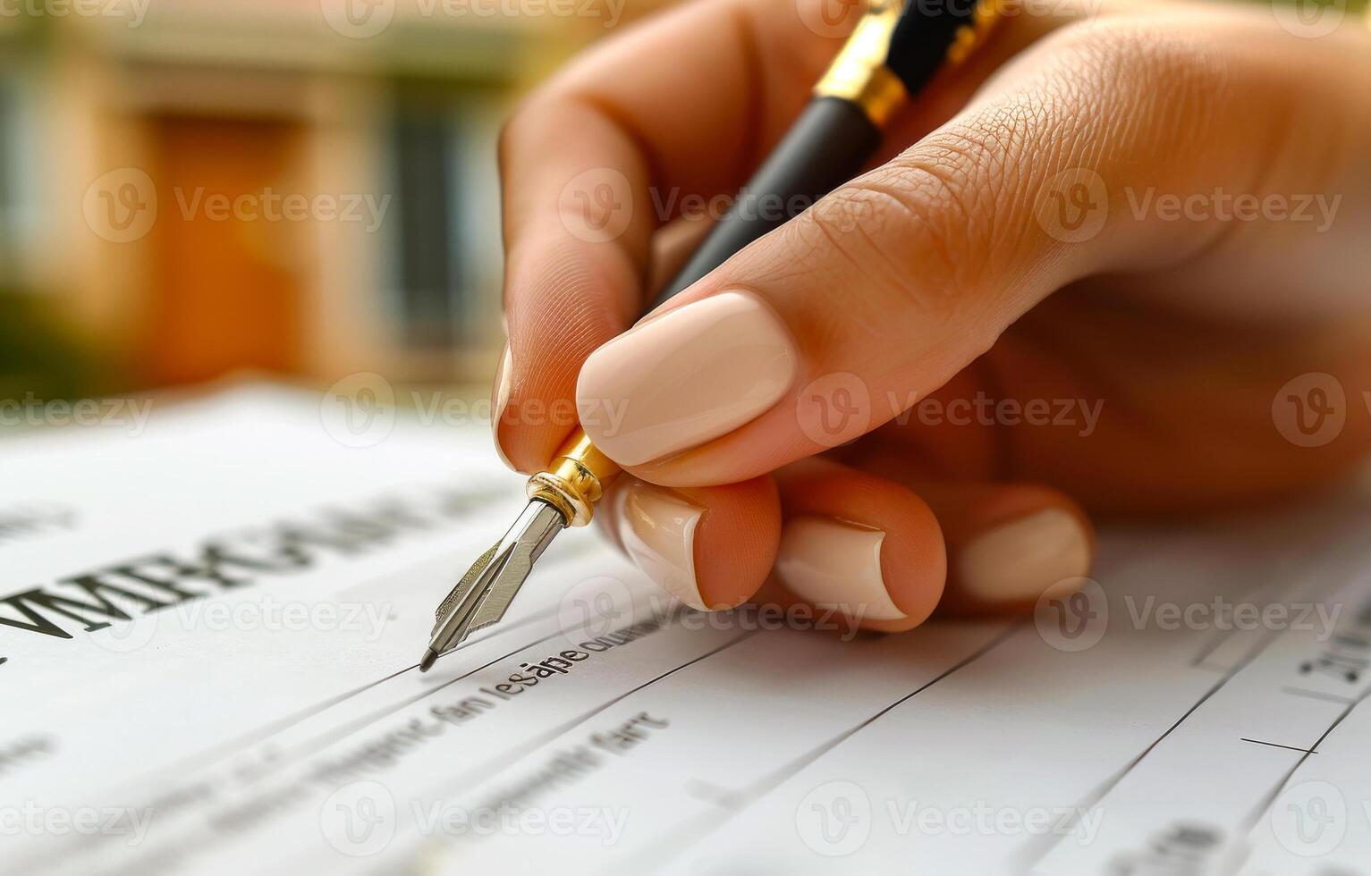Hand filling out form with fountain pen. photo