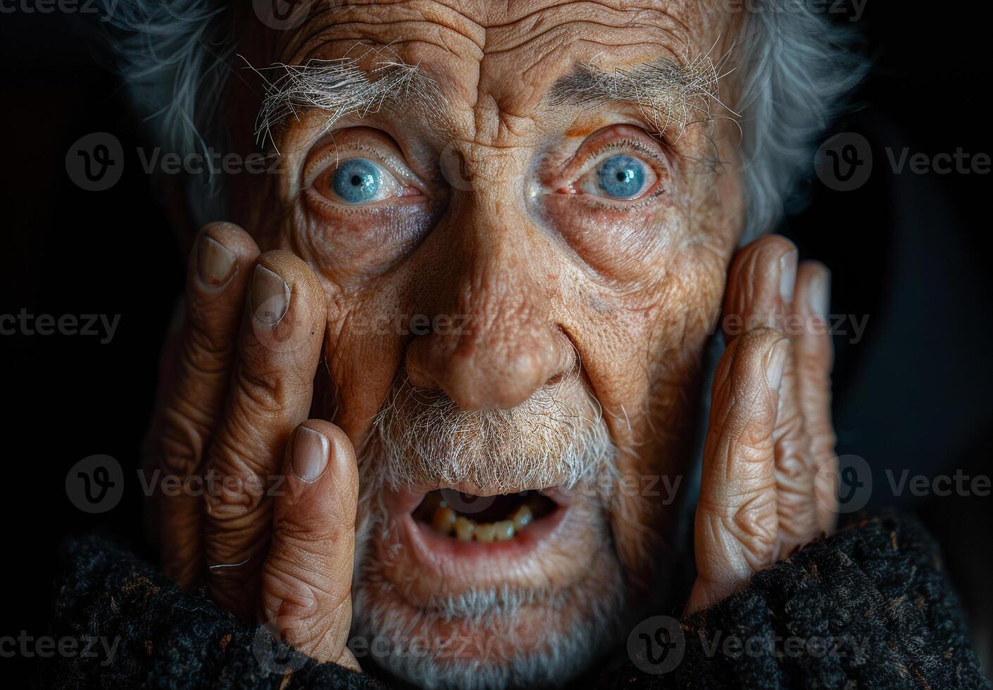 Old man with blue eyes is looking at the camera with his hands on his face photo