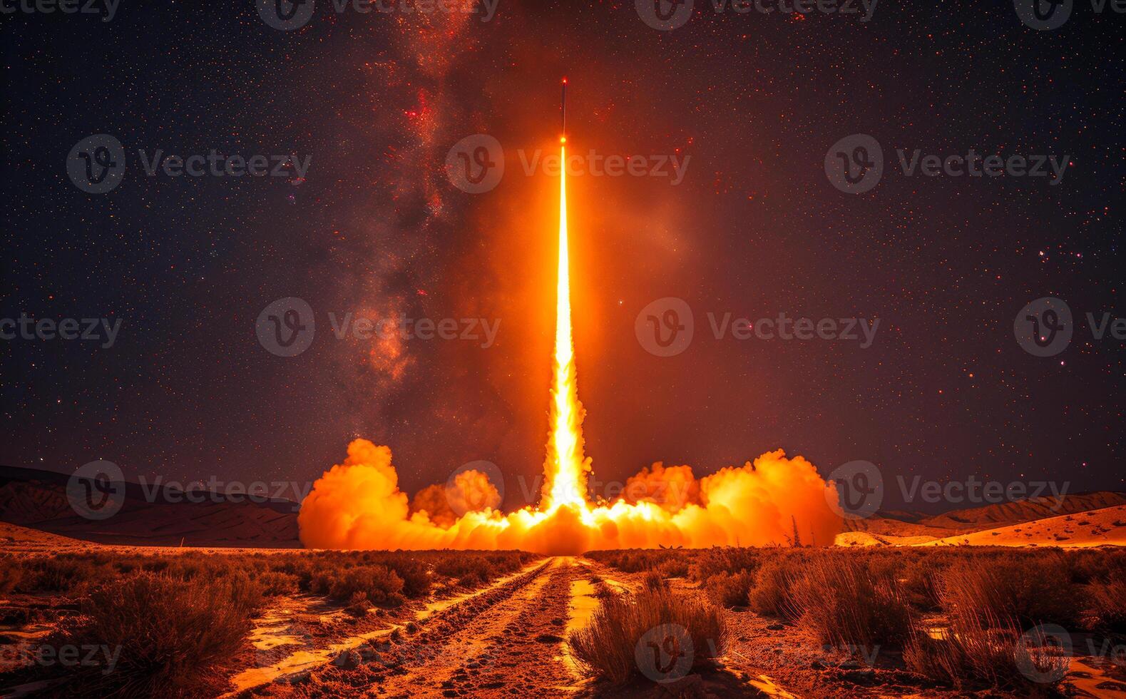 Rocket launches into space with bright orange trail and starry sky in the background. photo