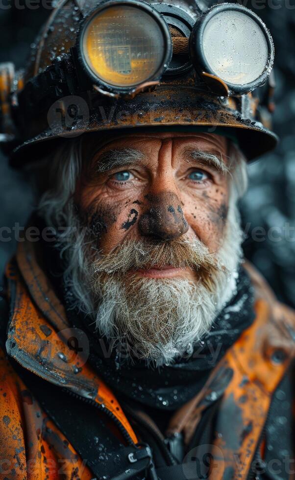 Coal miner with dirty face. A portrait of an old coal miner with black soot on his face photo