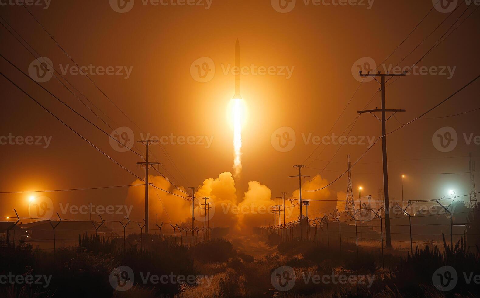 Rocket launches into the sky at night. A sequence of missiles launching into the night sky photo