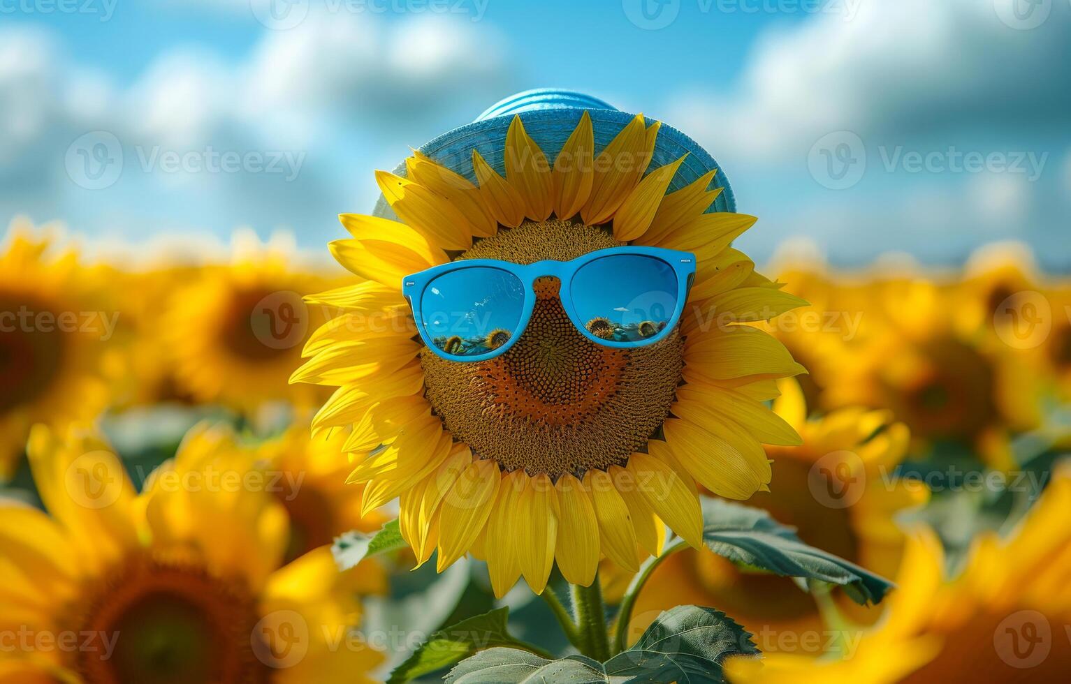 Sunflower with sunglasses and hat. A sunflower wearing sunglasses and a blue hat photo