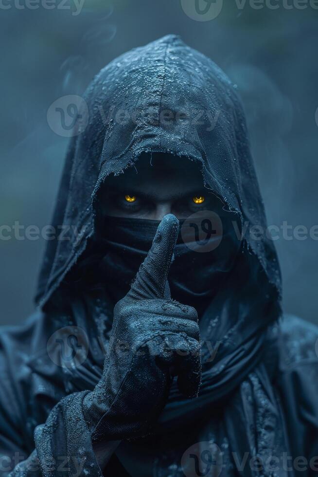 Portrait of man in hood with glowing yellow eyes making threatening gesture photo