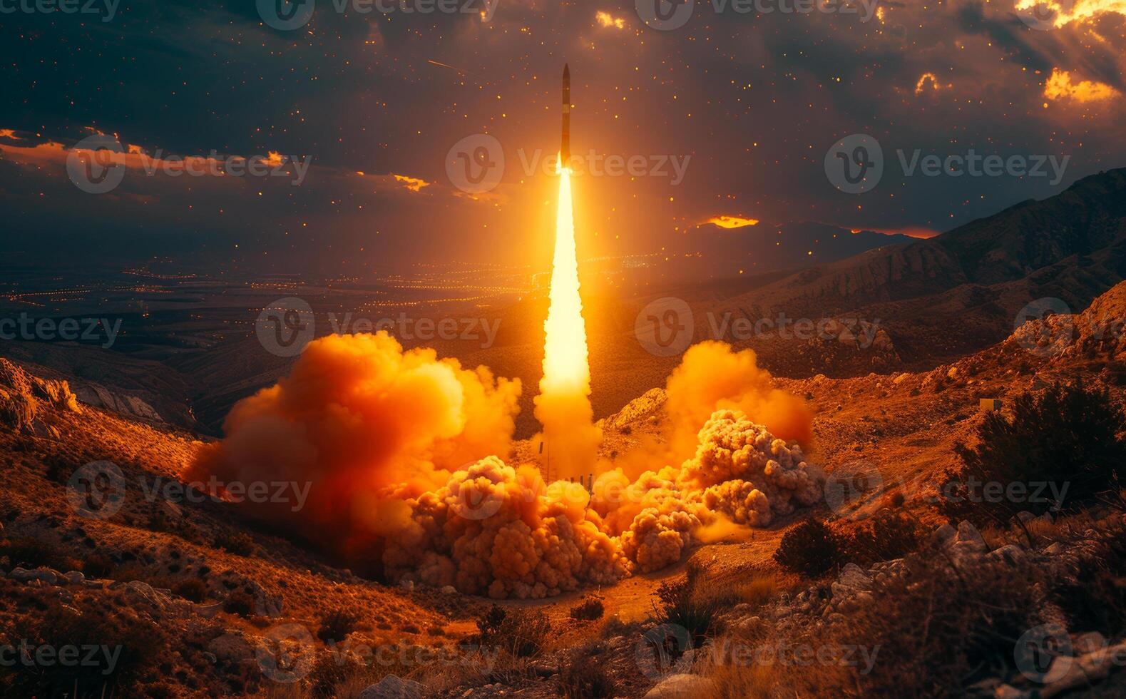 Rocket flies into the sky. A vivid depiction of a missile launch at night photo