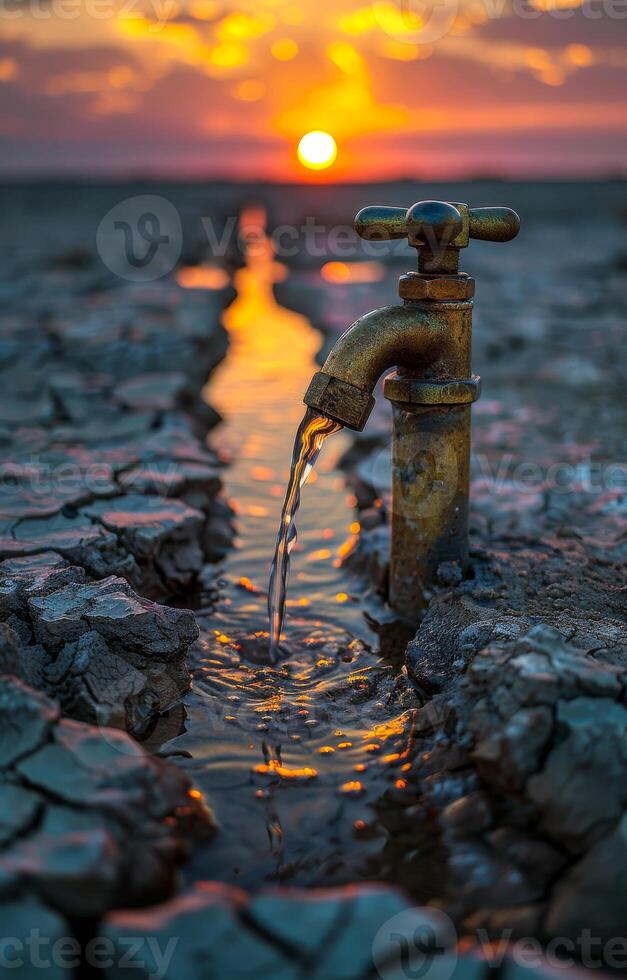 Dried ground and water tap with sunset. A water tap in the middle of an arid desert photo