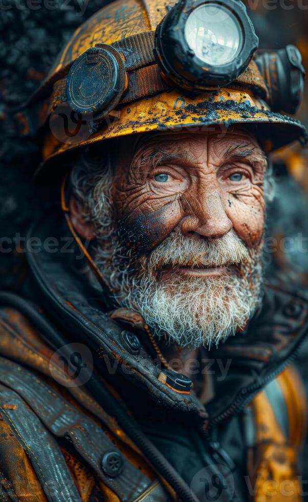 A portrait of an old coal miner with black soot on his face photo