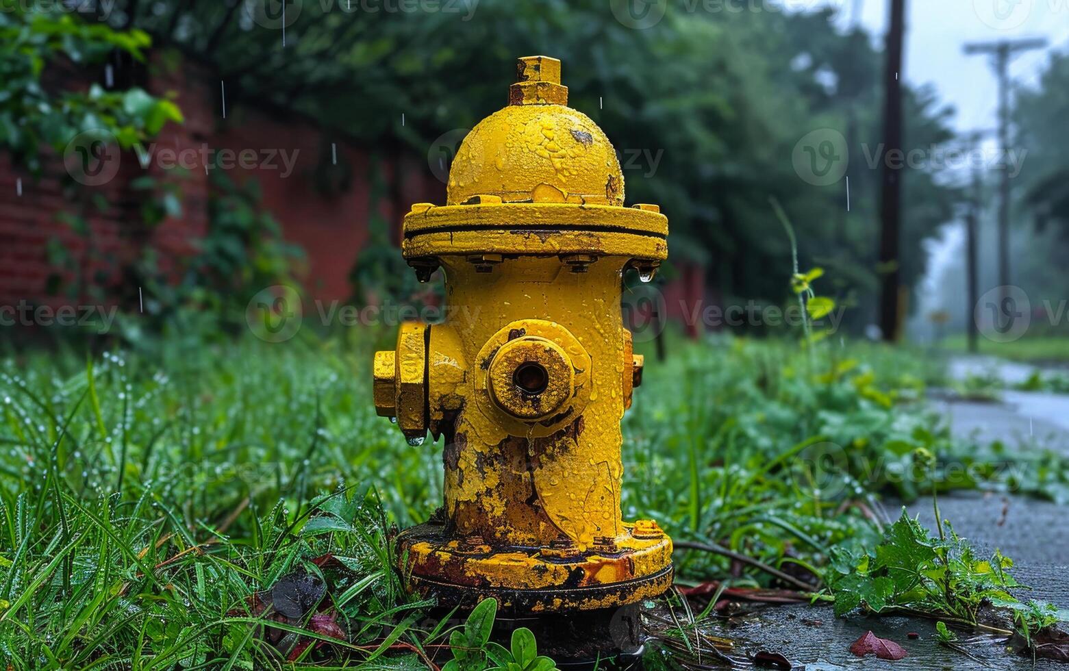 Yellow fire hydrant sits in the grass in the rain. A yellow fire hydrant on the grass photo