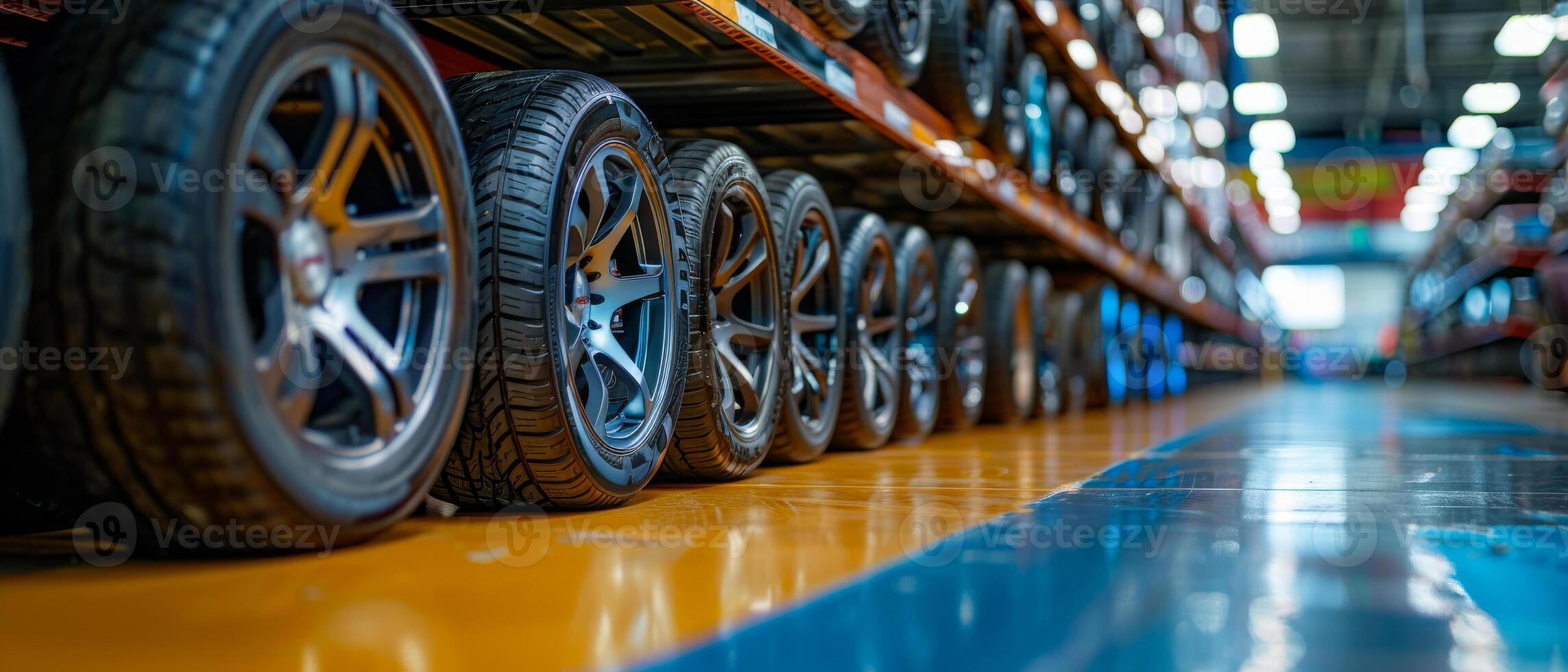 Car tires are on the rack in the store. A row of tires on the floor in an auto parts warehouse photo
