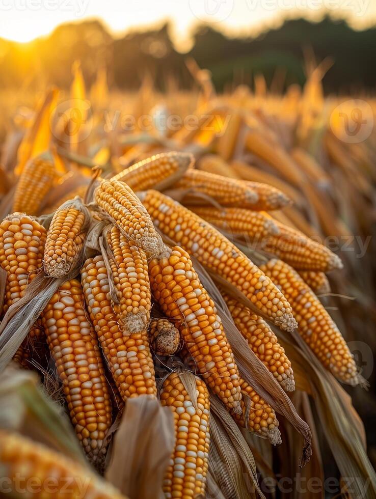 Ripe corn cobs on the field at sunset. A pile of corn cobs is dried on the field photo