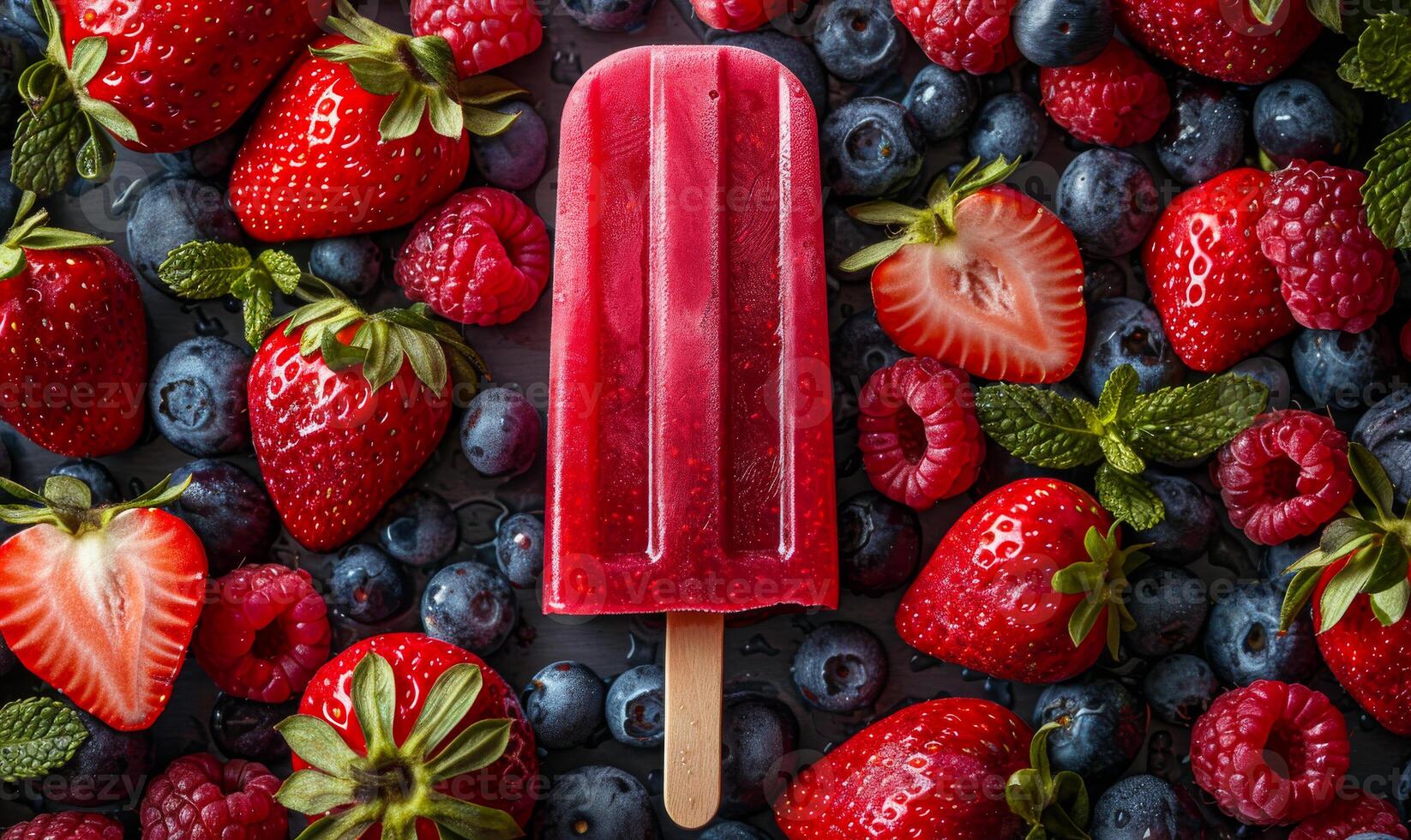 Red popsicle surrounded by fresh berries. A vibrant red popsicle nestled among fresh berries photo